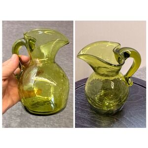 VTG MCM Olive Green Crackle Glass Pitcher Small Hand‎ Blown Creamer 12oz